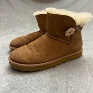 UGG Boots Womens 6 Mini Bailey Button II Shearling Brown Comfort Flats Ankle Top